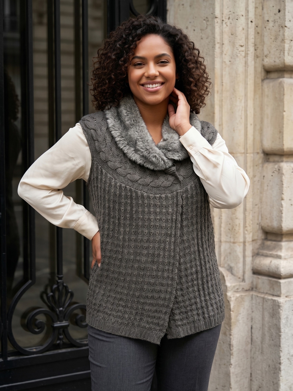 Gray Faux Fur Sweater Vest XL Cable Knit Snap Front Cozy Layering Cardigan Wrap